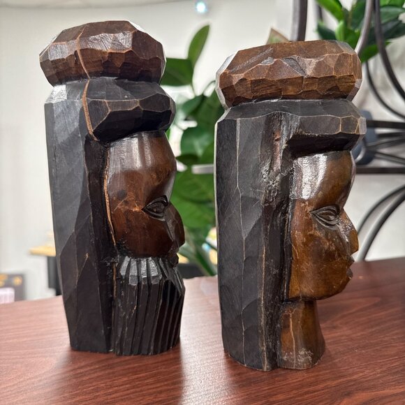 Hand-Carved 1960s Jamaican Wooden Bookends With Detailed Male & Female Faces - Picture 4 of 6